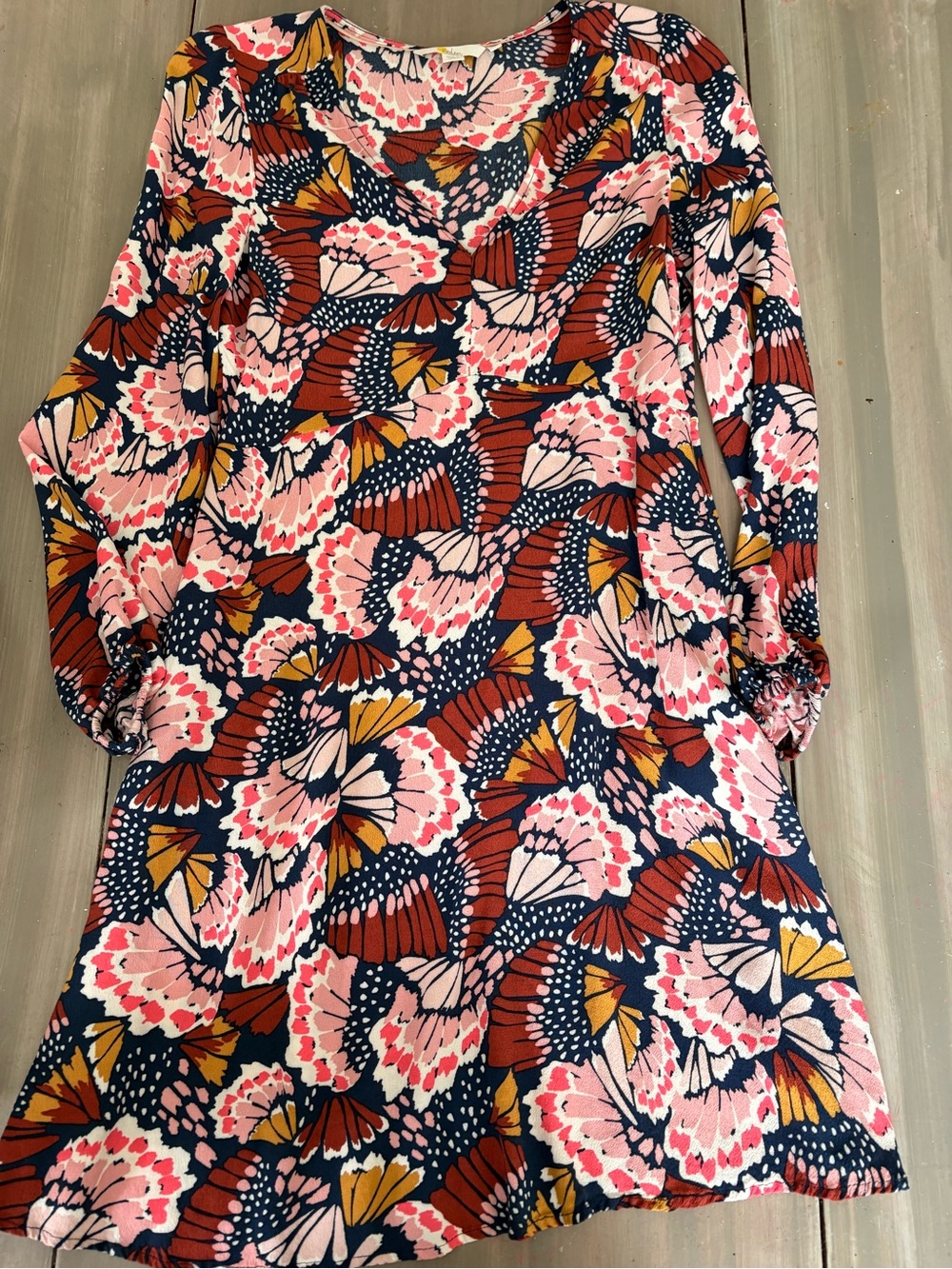 Boden Vibrant Floral Long Sleeve Dress in Pink & Navy